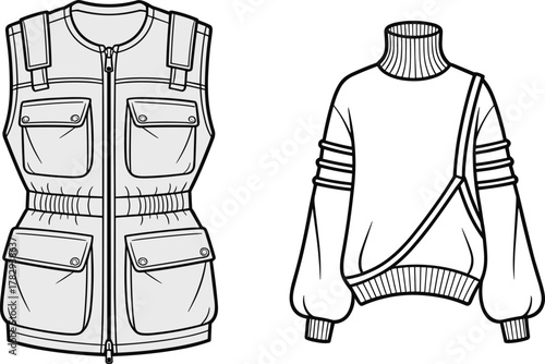 Utility vest, fashion sweater, technical sketch, garment design, outerwear illustration, layered clothing, fashion details, apparel template, cad drawing flat vector illustration
