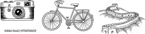 Vintage camera, classic bicycle, Great Wall of China, black and white line drawing, cultural icons, travel sketch, history and mobility