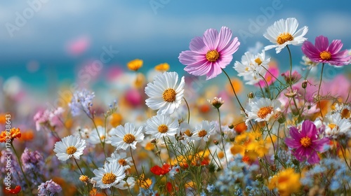 A vibrant field of colorful wildflowers, with a soft focus background of blue ocean and sky