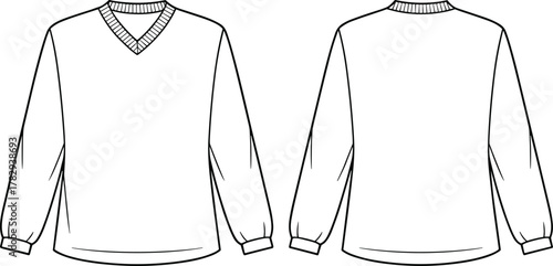 V-neck sweater fashion sketch, long sleeve knitwear template, ribbed cuff design, apparel vector outline, casual garment drawing, cad drawing flat vector illustration
