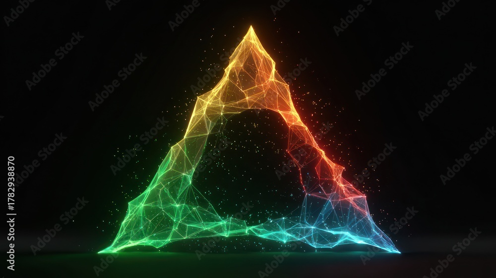 Obraz premium A vibrant, glowing triangular structure composed of connected particles against a black background