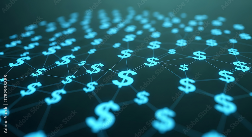 Obraz premium Glowing blue dollar signs connected in a digital network grid currency money