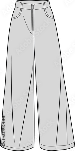 Wide-leg pants technical sketch front view, high waist, zipper closure, side pockets, fashion flat, garment design, vector template, cad drawing flat vector illustration