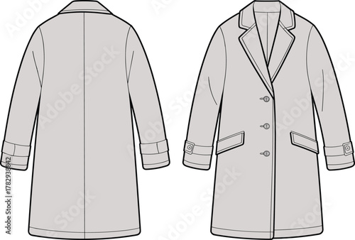 Women’s overcoat fashion sketch, long sleeve coat design, notched lapel garment template, technical clothing drawing, apparel vector outline, cad drawing flat vector illustration