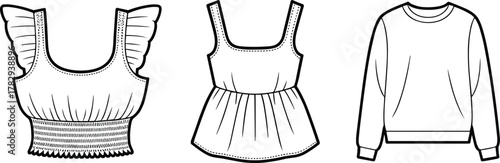 Women’s top design, ruffle strap, peplum blouse, crew neck sweatshirt, fashion flat sketch, garment template, cad drawing flat vector illustration