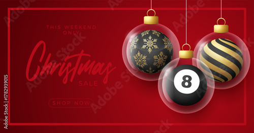Billiard Christmas and New Year greeting banner. Merry Christmas golden greeting card with glass xmas ball as a bauble on red background. Vector illustration sport modern banner