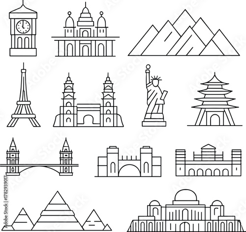 World landmarks, black and white line drawing, iconic architecture, global monuments, travel sketch, cultural heritage, simplified illustration, famous buildings