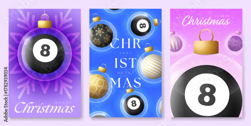 Billiard Christmas and New Year greeting banner set. Merry Christmas golden greeting card with glass xmas ball as a bauble collection. Vector illustration sport modern banner