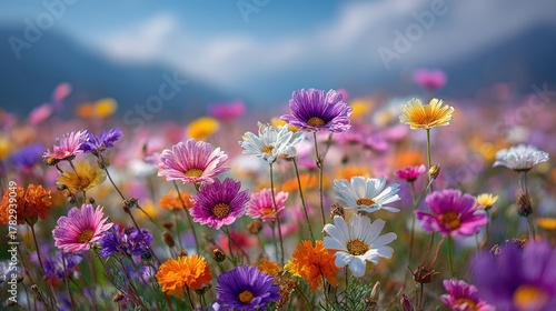 A vibrant meadow of colorful wildflowers blooms, with a blurred mountain backdrop