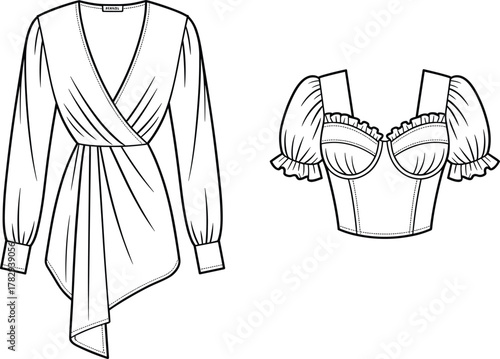 Wrap blouse and puff sleeve bustier design, ruffle trim detail, fashion flat sketch, garment template, cad drawing flat vector illustration