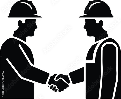 Black silhouette illustration of two construction workers wearing hard hats shaking hands against a white background with a simple, graphic composition.