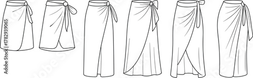 Wrap skirt design, draped fabric styles, side tie detail, fashion flat sketch, garment template, apparel outline, cad drawing flat vector illustration
