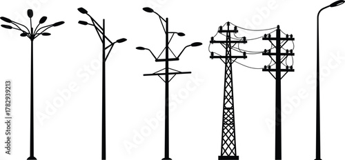 Urban infrastructure silhouettes of streetlights, utility poles, and transmission towers, vector illustration showcasing electricity distribution, public lighting, and modern city design elements