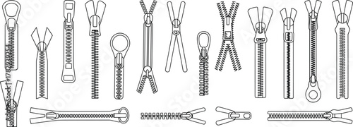 Zipper vector sheet, black and white zipper icons, various zipper styles, garment fastener illustration, fashion accessory clipart, textile design reference
