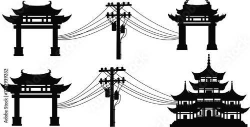 Traditional East Asian gates, pagoda silhouette with utility poles, vector illustration of cultural architecture and power lines, modern infrastructure blending with heritage design concept