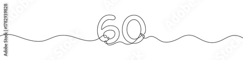 Number 60 continuous line vector illustration. Minimalist monoline drawing style for birthday, anniversary, or milestone celebration design.
