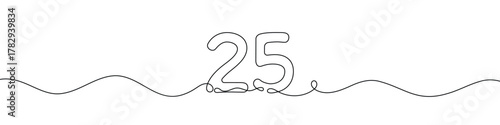 Number 25 continuous line vector illustration. Minimalist monoline drawing style for birthday, anniversary, or milestone celebration design.