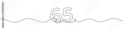 Number 65 continuous line vector illustration. Minimalist monoline drawing style for birthday, anniversary, or milestone celebration design.