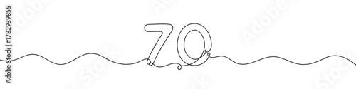 Number 70 continuous line vector illustration. Minimalist monoline drawing style for birthday, anniversary, or milestone celebration design.