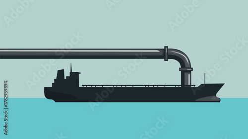 Illustration of a large cargo vessel receiving fuel or oil from a pipeline, representing a global trade and energy concept