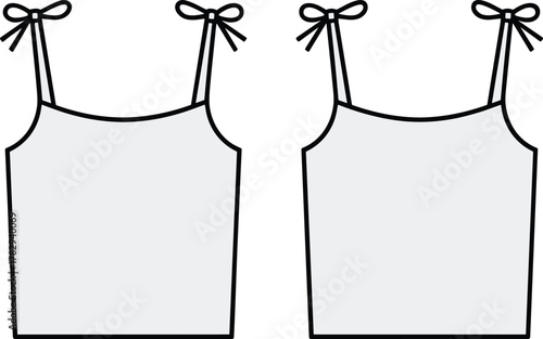 Sleeveless top fashion flat sketch, tied shoulder strap tank top design, technical garment illustration, CAD drawing, vector template for apparel