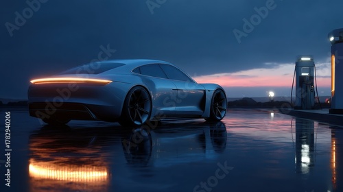 Futuristic electric car parked at charging station during twilight with dramatic sky and reflections on wet surface