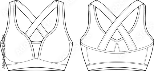 Sports bra front and back view, crisscross strap design, scoop neckline, wide underband support, fashion flat sketch, cad drawing vector illustration