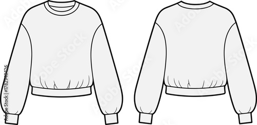 Sweatshirt technical sketch front and back view, fashion cad drawing, garment vector template, clothing design outline, apparel illustration, cad drawing flat vector illustration