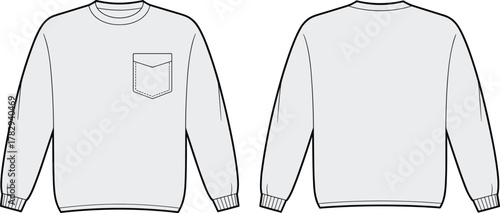 Sweatshirt technical sketch with chest pocket front and back view, fashion cad drawing, garment vector template, clothing design outline, apparel illustration, cad drawing flat vector illustration
