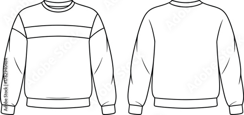 Sweatshirt technical sketch with chest panel front and back view, fashion cad drawing, garment vector template, clothing design outline, apparel illustration, cad drawing flat vector illustration