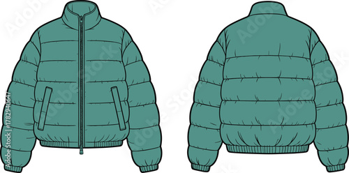 Teal puffer jacket technical sketch, front and back view, fashion flat drawing, garment design template, apparel vector illustration, cad drawing flat vector illustration