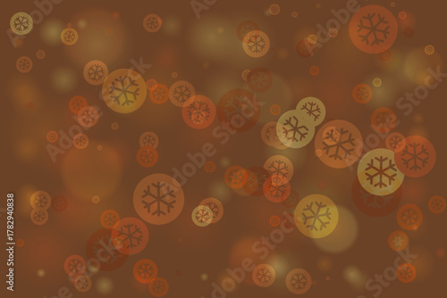 Warm brown abstract background with glowing golden and orange bokeh lights and festive snowflake icons, perfect for winter holiday designs and seasonal celebrations.