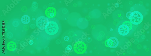 Vibrant Green Abstract Background with Bokeh Lights and Stylized Snowflake Icons, Creating a Festive Winter Holiday Design