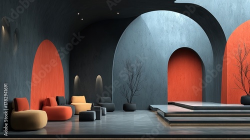 Modern, Minimalist Lounge Area with Geometric Arches and Bold Colors

Category Architecture