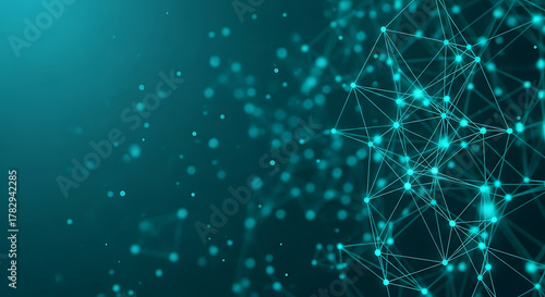 Abstract teal network of glowing dots and lines blue green