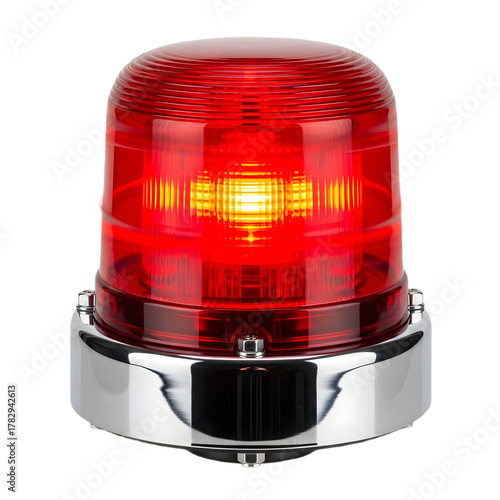 A bright red emergency beacon with a shiny chrome base is shown
