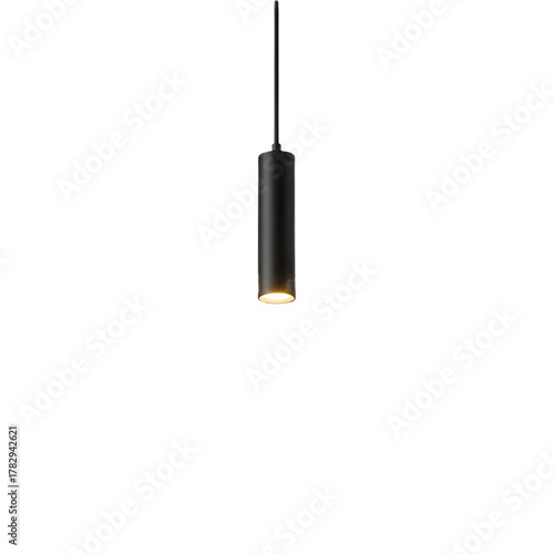 A single black cylindrical pendant lamp illuminating against a dark background