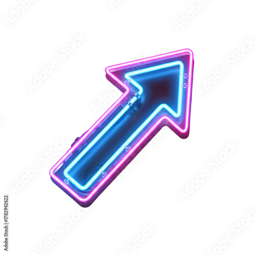 A vibrant neon arrow pointing upwards on a dark black background