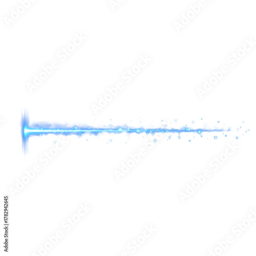 A bright blue light streak extends horizontally across a dark background