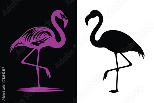 Standing Flamingo Bird Logo/Icon Set, Pink Engrave and Black Silhouette on B&W.