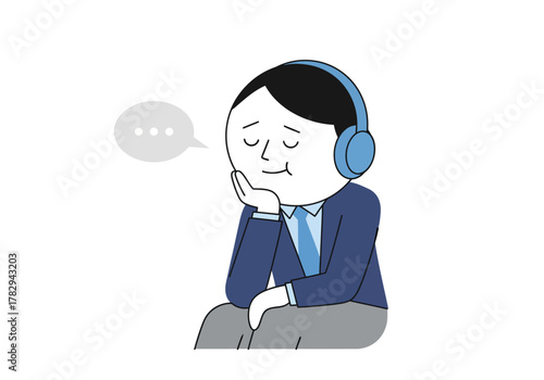 Illustration of a focused businessman wearing headphones, contemplating ideas and listening intently to a virtual seminar or podcast
