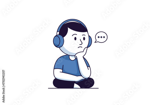 A thoughtful young man wearing headphones, listening and contemplating ideas. A modern flat vector illustration of a pensive character in deep thought
