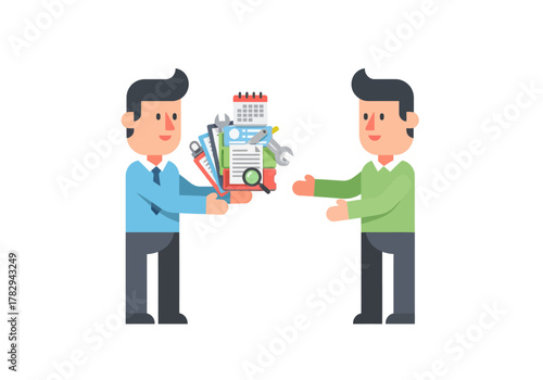 Two business professionals collaborating and exchanging creative design files in a digital workspace