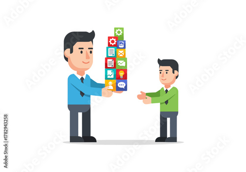 Business professionals building a tower of colorful icons, symbolizing teamwork and shared success