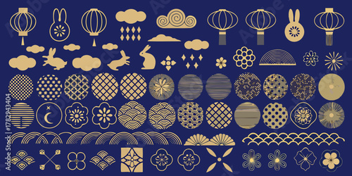 Collection of golden japanese inspired icons and patterns on dark blue background