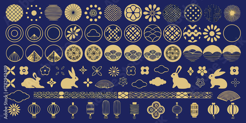 Collection of japanese inspired decorative elements featuring circles rabbits lanterns and traditional patterns in gold on navy blue