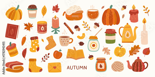 Cozy autumn collection of seasonal elements and comforting items for fall
