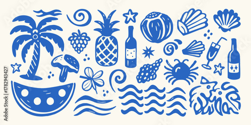 Collection of blue summer vacation icons and symbols on a cream background