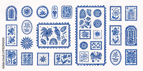 Collection of hand drawn blue and white decorative elements featuring tropical flora fauna and abstract shapes