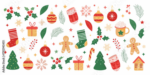 Collection of festive christmas icons and decorations on a white background